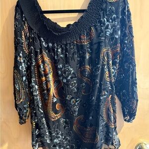 Black Velvet Off-Shoulder Tunic with Gold & Orange Paisley Accents